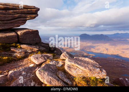 View over Suilven from the summit of Cul Mor. Stock Photo