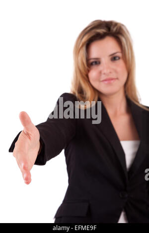 Business woman offering handshake - selective focus on hand Stock Photo