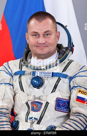 International Space Station Expedition 45 Roscosmos Cosmonaut Alexey Ovchinin official portrait wearing the Russian Sokol space suit his October 29, 2014 in Star City, Russia. Stock Photo