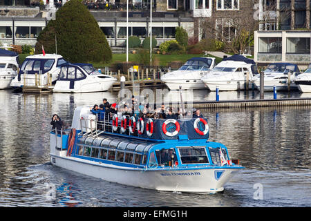 Lake Windermere Cumbria UK 7th  February  2015  Bright sunny cold day on  Lake Windermere . Bowness Bay with the Old England Hotel in the background .Passenger Cruises have busy day boats full inside and on top despite the cold , Credit:  Gordon Shoosmith/Alamy Live News Stock Photo