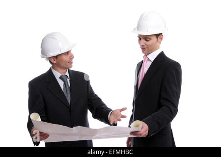 Engineers discussing new project, isolated in white background Stock Photo