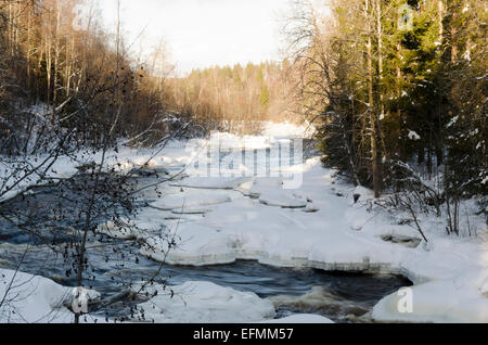 Little river in winter landscape in the North of Sweden Stock Photo