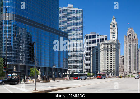 Chicago,USA-July 13,2013: Famous Wrigley building and Trump tower in Chicago.The Wrigley Building is a skyscraper  with two towe Stock Photo