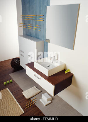 A picture of a sparkling modern bathroom. Includes wall mounted bathroom cabinets, mirror and sink. Stock Photo