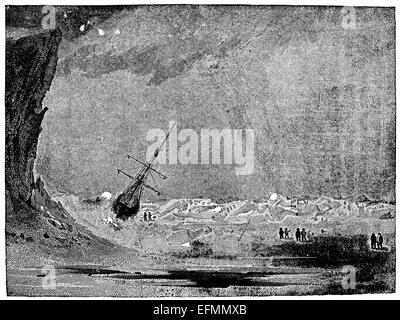 Engraving of a sailing ship stuck in the ice during an Arctic winter ...