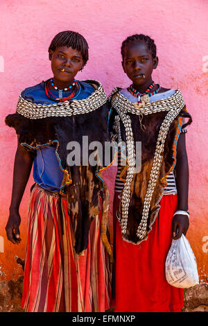 Two Girls From The Tsemay Tribe At The Key Afer Thursday Market, The Omo Valley, Ethiopia Stock Photo