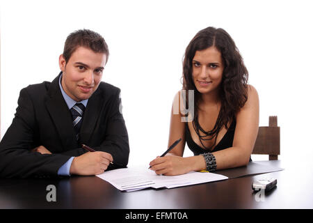 Business Couple working, isolated over white background Stock Photo