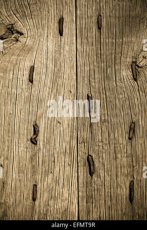 Vintage grunge wooden background door gate of the old castle detail with metal rusty nails. Stock Photo