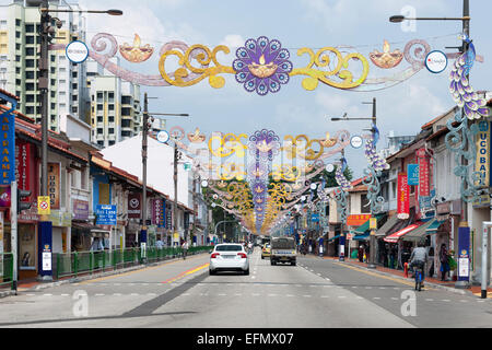 Decorations spanning Serangoon road in the Little India district of Singapore. Stock Photo