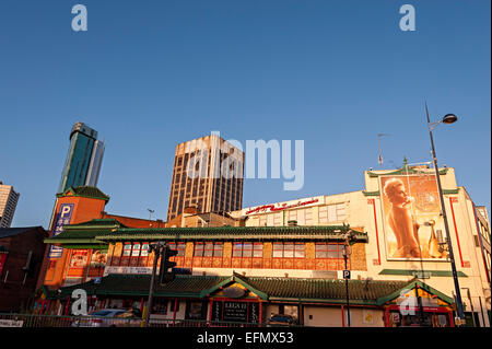 shops china town Birmingham city and home of legs 11 lap dancing club in the foreground Stock Photo