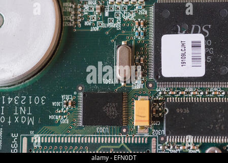 Close-up of computer circuit board on an internal hard disk drive. Stock Photo