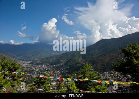 BU00062-00...BHUTAN - Prayer flags view of Thimphu and valley from the Sangaygang area near the telecommunications tower. Stock Photo