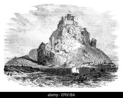 19th century engraving Saint Michael's Mount, Cornwall, United Kingdom Stock Photo