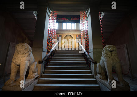 ISTANBUL, Turkey / Türkiye — Stairwell leading up to a relief of Medusa, guarded by two lions, on display in the main building of the Istanbul Archaeology Museums. The Istanbul Archaeology Museums, housed in three buildings in what was originally the gardens of the Topkapi Palace in Istanbul, Turkey, holds over 1 million artifacts relating to Islamic art, historical archeology of the Middle East and Europe (as well as Turkey), and a building devoted to the ancient orient. Stock Photo