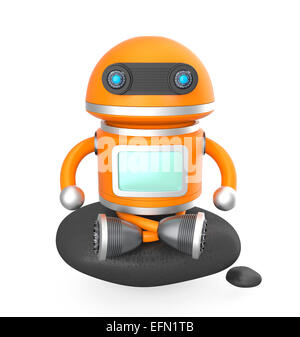 Cute android robot sitting on a black rock Stock Photo
