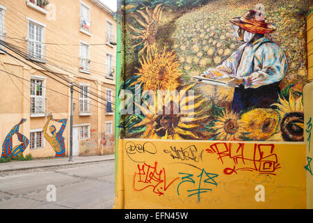 Street art mural of van Gogh painting sunflowers decorates a building in Valparaiso, Chile, South America Stock Photo