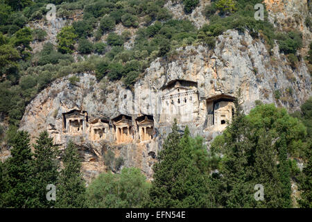 The Lycian rock tombs on the cliffs above the Dalyan river, Turkey Stock Photo