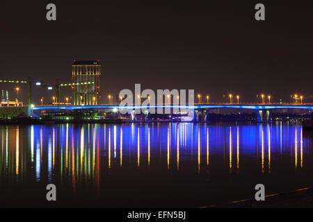 Blue illuminated bridge at Dubai Creek, United Arab Emirates Stock Photo