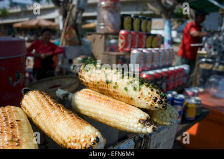 Corn is available as street food on a city street in Kampong Cham, Cambodia. Stock Photo