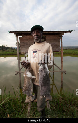 Rwandan farmers show off domestic rabbits outside their hutches which ...