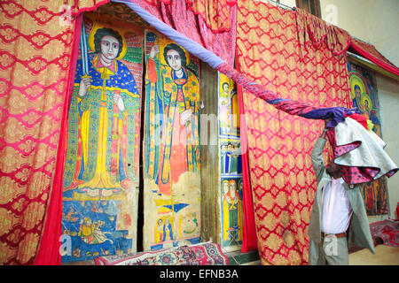 Archangels, painting. Old cathedral of St. Mary of Zion, Axum, Tigray region, Ethiopia Stock Photo