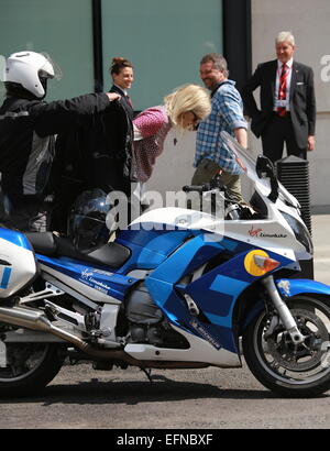 Fearne Cotton leaving the BBC Radio 1 studios on a BMW motorcycle  Featuring: Fearne Cotton Where: London, United Kingdom When: 06 Aug 2014 Stock Photo