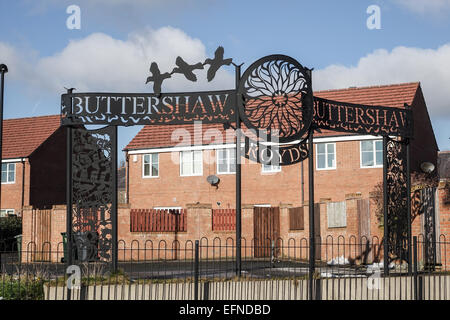 Buttershaw Estate, Bradford, West Yorkshire. Wrought Iron sign at one of the entrances to the large local authority 1950's council housing estate. Stock Photo