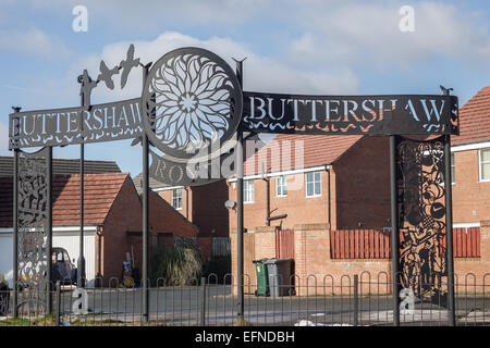 Buttershaw Estate, Bradford, West Yorkshire. Wrought Iron sign at one of the entrances to the large local authority 1950's council housing estate. Stock Photo