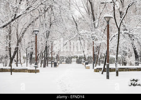 Public Park During Heavy Snowfall In Winter In Bucharest City, Romania. Stock Photo