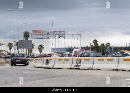 Cars queuing in front of border of Gibraltar to pass customs. La Linea, Spain. Stock Photo