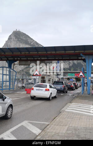 Gibraltar rock. Cars queuing in front of border Spain, Gibraltar to pass customs. La Linea, Andalusia, Spain. Stock Photo