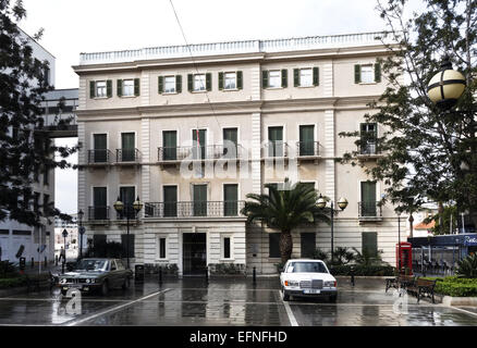 Gibraltar rock. Main façade, Town hall, City hall, at John Mackintosh Square, Gibraltar, overseas territory, United Kingdom. Stock Photo