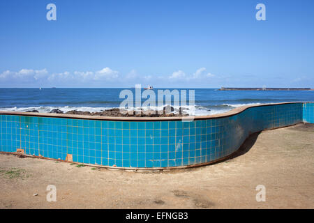 Aqua blue tiled wall along old promenade by the Ocean in Porto, Portugal. Stock Photo