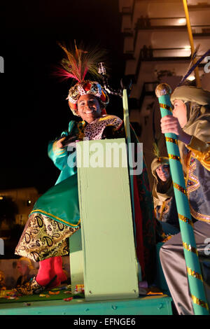 Balthazar in Epiphany parade, Three Kings Festival, Fiesta de Los tres Reyes Mages, Tenerife, Spain Stock Photo