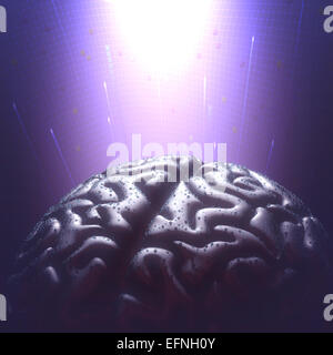 Metal brain with rain droplets in a dark environment. Copy space and clipping path included. Stock Photo