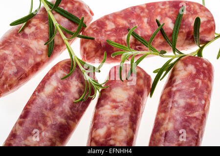 raw italian sausages made of wild boar pig fat, sausage meat FOOD delicate thin fat low fat low cholesterol specialty butcher sp Stock Photo