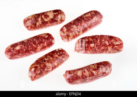 raw italian sausages made of wild boar pig fat, sausage meat FOOD delicate thin fat low fat low cholesterol specialty butcher sp Stock Photo
