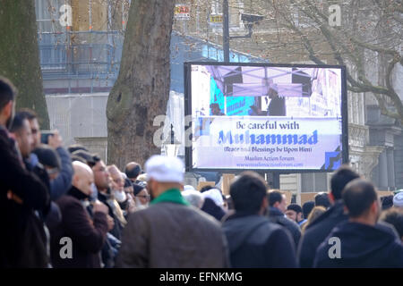 London, UK. 08th Feb, 2015. Hundreds of Muslims, mainly from the north of England, gathered on Whitehall to protest against depections of the prophet Muhammed. A small amount of counter protesters from Britain First and Edl also attended Credit:  Rachel Megawhat/Alamy Live News Stock Photo