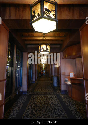 Old Faithful Lodge, hallway Old Faithful Lodge, hallway with light fixtures; Diane Renkin; July 22, 2013 Stock Photo