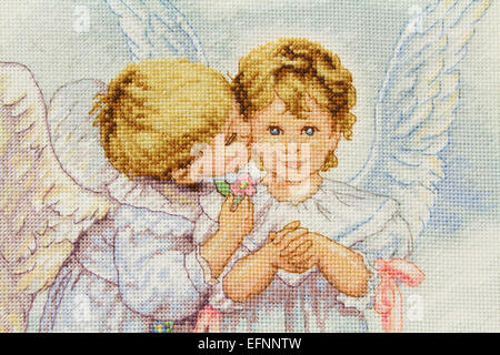 Cross-Stitch of boy and girl angels. Canfield Fair. Mahoning County Fair. Canfield, Youngstown, Ohio, USA. Stock Photo