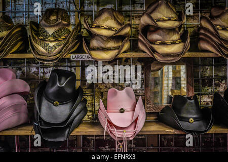 Shelves of unique cowboy hats on display at a Western Wear and Boot store on Lower Broadway in Nashville, TN, Music City Stock Photo