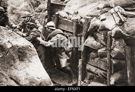 French troops making a daylight raid on German trenches in search of prisoners for information purposes. Stock Photo