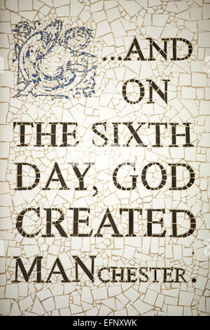 Northern Quarter Manchester Uk mosaic by Mark Kennedy on Affleck's (palace)  depicting the slogan and on the sixth day, god Stock Photo
