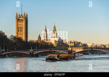 Views down the River Thames to the Houses of Parliament including The Victoria Tower, the tallest in the Palace of Westminster Stock Photo