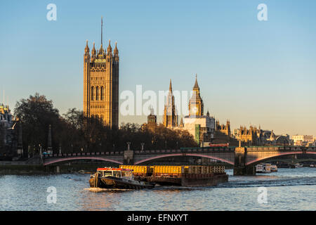 Views down the River Thames to the Houses of Parliament including The Victoria Tower, the tallest in the Palace of Westminster Stock Photo
