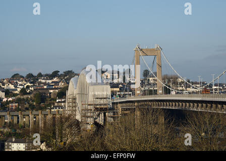 Royal Albert Rail Bridge and Tamar Road Bridge over the River Tamar between Devon and Cornwall.  Viewed from St Budeaux Plymouth Stock Photo