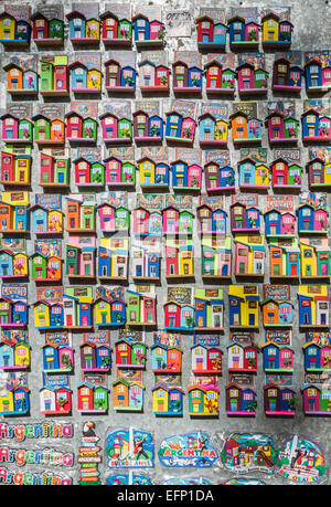 Fridge magnet souvenirs of traditional colourful buildings and tango bars in La Boca, Buenos Aires, Argentina Stock Photo