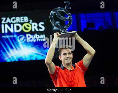 Zagreb, Croatia. 8th Feb, 2015. Guillermo Garcia-Lopez of Spain poses with his trophy after the final match against Andreas Seppi of Italy at the ATP PBZ Zagreb Indoors tennis tournament in Zagreb, capital of Croatia, Feb. 8, 2015. Guillermo Garcia-Lopez won 2-0. © Miso Lisanin/Xinhua/Alamy Live News Stock Photo