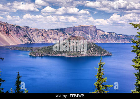 Wizard Island in Crater Lake. Crater Lake National Park, Oregon, United States. Stock Photo