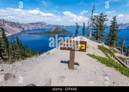 Danger sign above Crater Lake.  Crater Lake National Park, Oregon, United States. Stock Photo